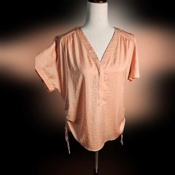Chicos Peach V-Neck Silky Short Sleeve Blouse - Picture 2 of 16